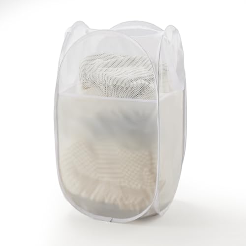 TECHMILLY Pop Up Foldable Laundry Basket, Mesh Laundry Hamper with Reinforced Handles for Dirty Clothes Storage in Dorm, Laundry Room, Bathroom, White(Fabric) - color: White(fabric), size: 1 Pack