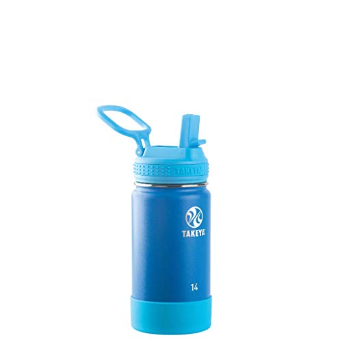 Takeya Actives Kids Water Bottle 14 oz Stainless Steel Double Wall Insulation BPA-Free Leakproof Straw Lid Easy Carry Handle Reusable Ideal for Boys and Girls, School, Sports - Sky - color: Sky, size: 14 Ounces