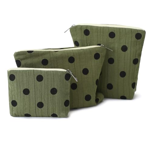 Small Cosmetic Bag Set of 3 for Purse, Dark Green Polka Dot Cotton Makeup Pouch Set, 3 Sizes Zipper Organizer for Travel & Toiletries, Gift for Her Birthday, Bridesmaid & Best Friend - color: ForestGreen/Cotton