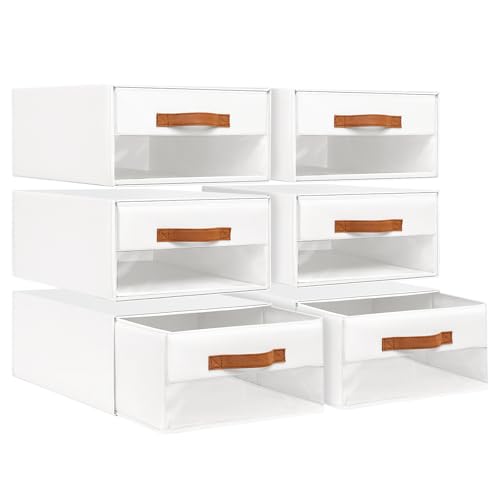 DIMJ Closet Organizers and Storage - Fabric Bins with Drawers for Closet Foldable Clothes Organizers with Clear Window, Stackable Storage Drawers Units for Bedroom, Living Room, 6-Pack, White - color: White, size: Large - 6 Pack