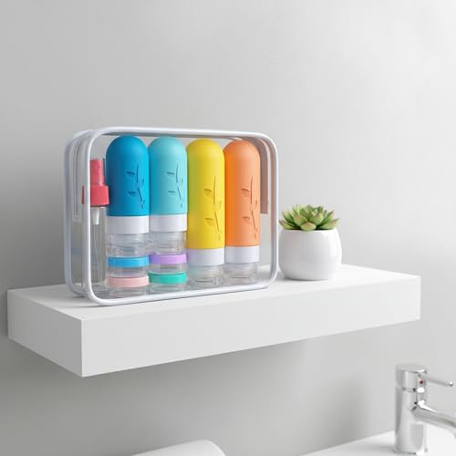 DEPOZA Travel Bottles Kit (16 Pack) - TSA Approved, Leak Proof Silicone Squeezable Containers for Toiletries. Complete Set with Jars, Sprayers & Bag (White) - color: White