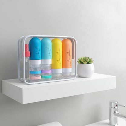 DEPOZA Travel Bottles Kit (16 Pack) - TSA Approved, Leak Proof Silicone Squeezable Containers for Toiletries. Complete Set with Jars, Sprayers & Bag (White) - color: White