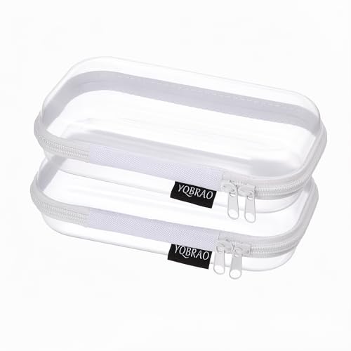 YQBRAO 2-Pack Small Clear Hard Shell Zipper Case White, 1.2mm Heavy-Duty Crush-Proof Makeup Bag, TSA Approved Toiletry Bag, Rigid Diaper Bag Organizer Pouches for Cables, Tech & Snacks - color: White, size: SS