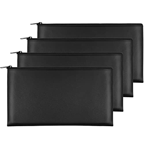 Joyberg 4Pack Money Bag 11 X 6", Safe Durable Waterproof PU Leather Bank Bag with Zipper for Cash, Coin, Checks, Makeup Bills Receipts Tool Storage (Black) - color: Black, size: 4 Pieces