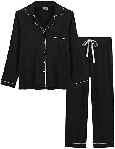 Cherrydew Women Bamboo Viscose Pajama Sets Super Soft Comfy Breathable Cooling Sleepwear Long Sleeve Button Down Loungewear - color: Black, size: Medium