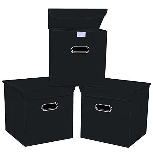 Fabric Storage Cube Bins with Lids Closet Organizers collapsible storage bins basket with Handles for Home,Storage Boxes for Organizing,3 Pack,(black) - color: Black, size: 3Pack