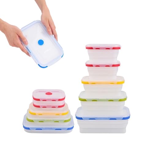 ECOBERI Collapsible Food Storage Containers, Silicone 5 Piece Set, 12/17/27/40 oz, BPA-Free Meal Prep Containers with Airtight Lids, Space-Saving, Freezer and Dishwasher Safe - color: Assorted Colors-Sizes 5pc