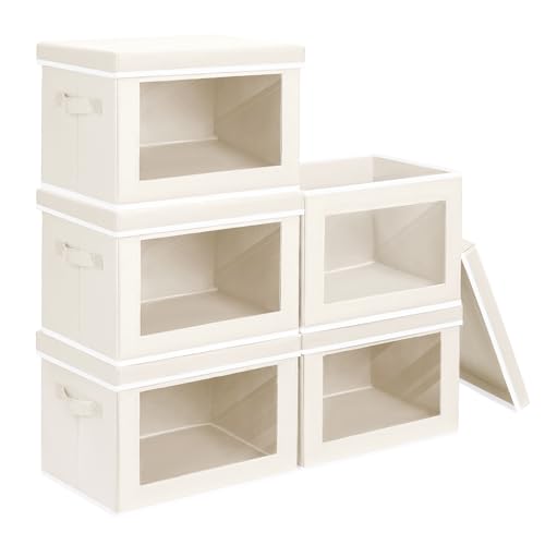 Homsorout Storage Bins with Lids - Medium Storage Box with Lids, Foldable Closet Boxes for Organizing, Stackable Clothes Organizer with Window, Cubes Bins for Living Room, 5 Pack, Beige - color: Beige, size: L(5-Pack)