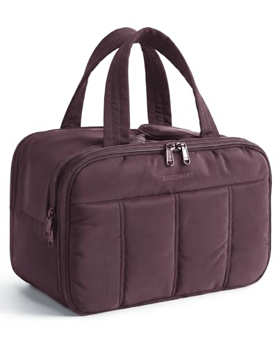 BAGSMART Travel Toiletry Bag, Puffy Large Toiletry Bag for Women, Lightweight Cosmetic Makeup Bag Organizer with Handle for Traveling, Accessories, Essentials, Toiletries (Black Purple) - color: Black Purple