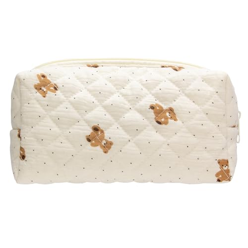 PAZIMIIK Vintage Quilted Makeup Bag Cosmetic Pouch for Brushes Pencils and Travel Make Up Accessories for Women and Girls Bear Beige - color: Bear Beige, size: 1PCS