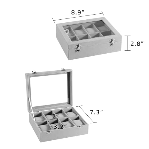 Frebeauty 8-Slot Watch Box,Velvet Watch Case with Glass Lid,Watch Organizer Box for Men and Women,Lockable Watch Storage,Watch Display Case,Ideal Gift(Grey) - color: Grey, size: 8 Slots