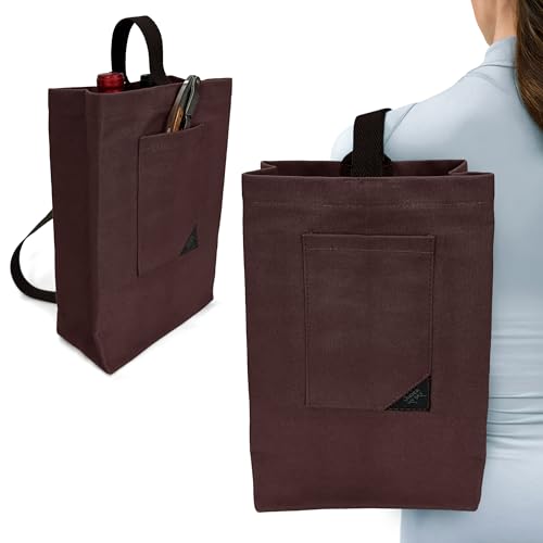 Under NY Sky Wine Tote Bag, Portable Canvas Carrier w/Shoulder Strap, Lightweight, Wine Gift for Travel & Picnic - Double Bottle - Burgundy - color: Wine Bag 2 Slots Burgundy