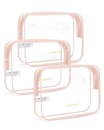 BAGSMART Clear Toiletry Bag, 3 Pack TSA Approved Travel Toiletry bag Carry on Travel Accessories Bag Airport Airline Quart Size Bags Water Repellent Makeup Cosmetic Bag for Women (Nude Pink-3pcs) - color: Creamy Nude Pink, size: 3 Pack, Medium