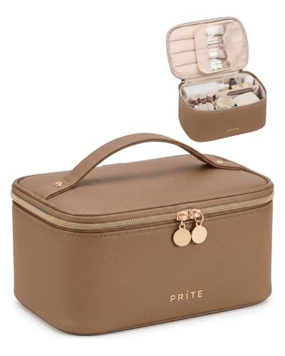 Prite Makeup Bag, Large Capacity Cosmetic Bag for Women and Girls, Waterproof PU Leather Travel Makeup Case, Toiletry Organizer with Handle and Divider for Skincare and Brushes - Brown - color: Brown