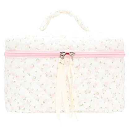 Quilted Makeup Bag Large Travel Zipper Soft Cosmetic Case for Women Girls Make Up,Little Flower Pink - color: Little Flower Pink, size: 1 PCS Bag