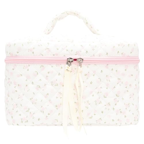 Quilted Makeup Bag Large Travel Zipper Soft Cosmetic Case for Women Girls Make Up,Little Flower Pink - color: Little Flower Pink, size: 1 PCS Bag