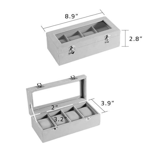 Frebeauty 4-Slot Watch Box,Velvet Watch Case with Glass Lid,Watch Organizer Box for Men and Women,Lockable Watch Storage,Watch Display Case,Ideal Gift(Grey) - color: Grey, size: 4 Slots
