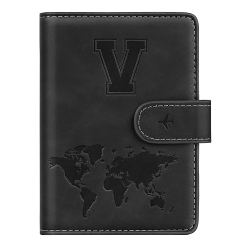 Passport Holder Wallet Cover Personalized Letter A-Z Travel Wallet RFID Blocking Passport Cover Wallet Case for Travel Passport Book Holders for Women and Men, Black-V - color: Black, size: V