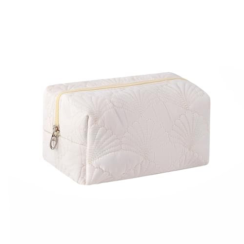RSRSLEII Small Quilted Cotton Coquette Makeup bag, White Coastal Granddaughter Aesthetic Cosmetic Bag, Cute Seashell Portable Travel Toiletry Pouch (07Small White) - color: 07Small White