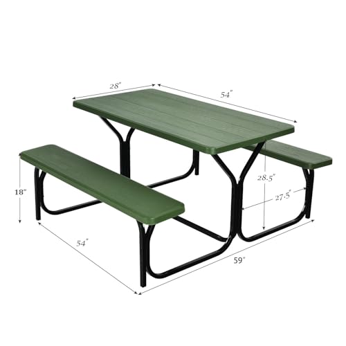 Giantex Picnic Table Bench Set Outdoor Camping All Weather Metal Base Yard Pool Dining Party Garden Patio Lawn Deck Large Camping Table (Green) - color: Green