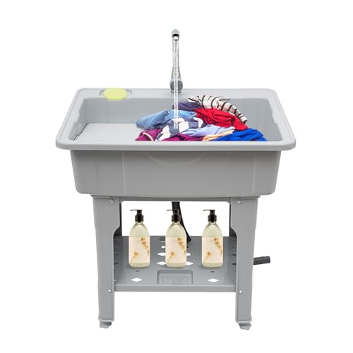 Gray Utility Sink Laundry Tub, Freestanding Plastic Laundry Sink with Washboard & Cold and Hot Water Faucet, Indoor Outdoor Utility Sink for Laundry Room, Home (31.5×22.05×31.5 Inch) - color: Gray, 31.5 x 22.1 x 31.5in