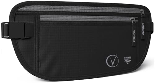 Vantamo Money Belt with RFID For Men & Women, Hidden Passport Holder for Travel, 2 Compartment Travel Fanny Pack for Women Anti Theft - color: Onyx & Gray