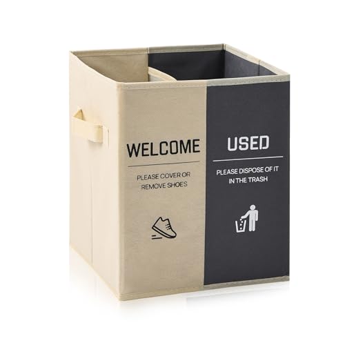 Foldable Shoe Cover Box Dispenser Storage Box Storage Bin Holder with Used Shoe Covers and Welcome Please or Remove Sign for Open House Supplies (Beige, Gray) - color: Beige, Gray