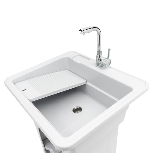 Laundry Sink, Freestanding Plastic Laundry Sink With Washboard Utility Sink Laundry Tub Indoor and Outdoor Utility Sink with Faucet Hoses Drain Kit for Laundry Room Washing Room Garden Garage - color: 25.6*21.65*31.5in -Gray