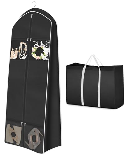 MISSLO Portable 65" Wedding Dress Garment Bag with Bride Tote Bag 8'' Gusseted Dress Bags for Gowns Long 4 Pockets Dress Cover for Women, Black - color: Black, size: 65 inch