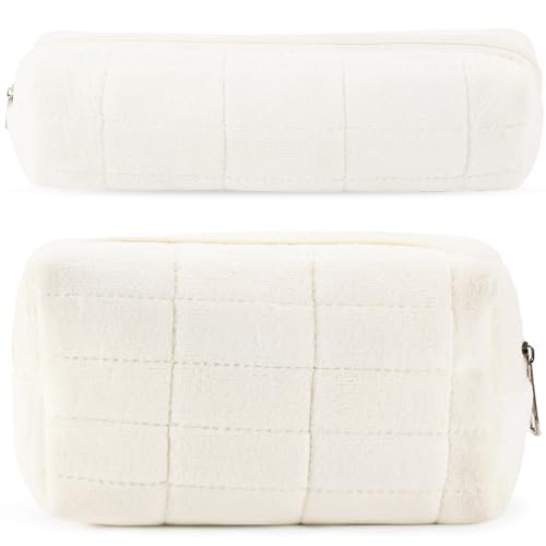ZLFSRQ 2Pcs Pencil Case Cute Pencil Pouch for Teens Plush Makeup Bag Travel Cosmetic Bag Set White Makeup Pouches Purse Preppy Zippered Toiletry Bags Organizer Trendy Zipper Skincare Storage Organizer - color: BH-Plush 2Pcs Mix White