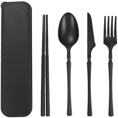 Reusable Travel Utensils Set with Case, Wheat Straw Portable Plastic Fork Spoon Knife Chopsticks Camping Cutlery, Eco-Friendly BPA Free Tableware Picnic Flatware for Kids Adults or Daily Use (Black) - color: Black