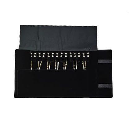 Velet Travel Jewelry Case Roll Bag Organizer for Necklace Bracelet Black Gray Velvet (Black with elastic) - color: Black with elastic