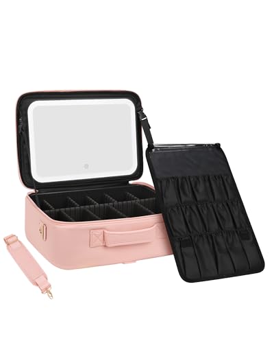 Relavel Makeup Bag with LED Mirror, 16.2 inches Large Makeup Case Travel Portable Cosmetic Organizer Vanity Case for Women, Rechargeable Lighted Mirror Professional Makeup Artists Storage Box (Pink) - color: with mirror pink, size: Large