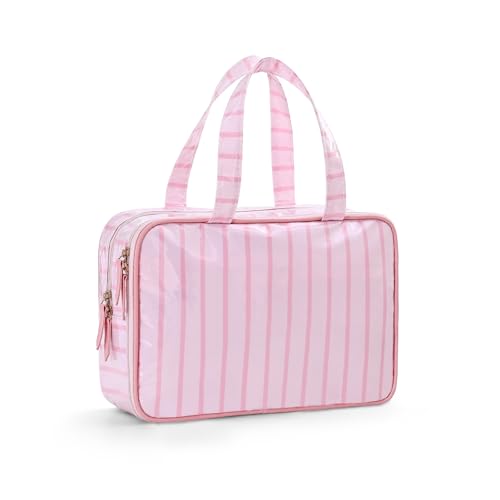 Travel Toiletry Bag for Women, Waterproof Clear Coated Portable Stripe Makeup Cosmetic Bag with Compartment, Travel Organizer for Shampoo, Conditioner, Brushes Set,Cosmetic Accessories(Pink Stripe) - color: Pink Stripe