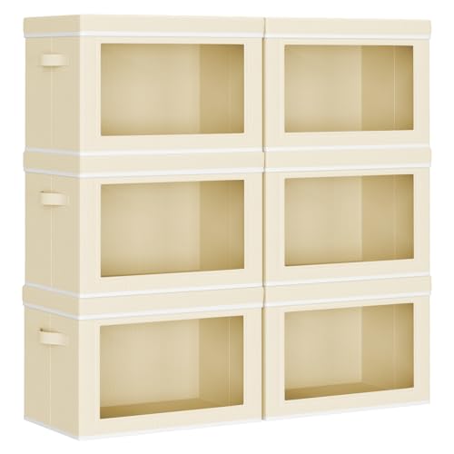 Homsorout Collapsible Storage Bins with Lids - Stackable Storage Containers with Window, 6 Pack Fabric Organizing Bins for Closet, Home & Office Organization Baskets, Beige, 14.9" x 9.8" x 9.8" - color: Beige, size: L(6-Pack)