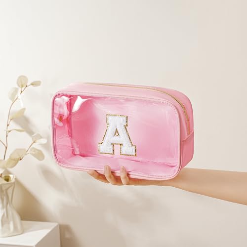 Personalized Initial Clear Makeup Bag Cosmetic Bags Travel Toiletry Bag Essentials Emergency Pouch Gifts for Girls Girlfriend Kids Birthday Graduation Teacher (Pink A) - style: A