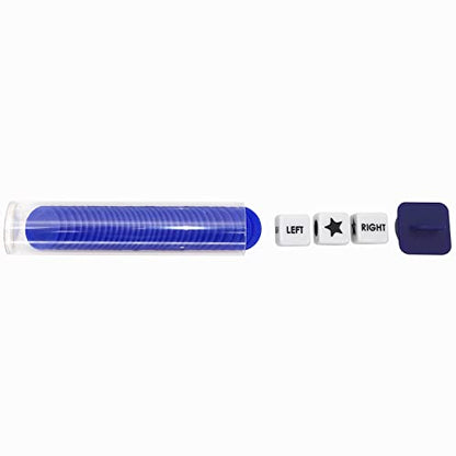Ahoper Left Right Center Dice Game Prime Set Bundle with 3 Dices + 36 Chips. Round Tube Storage is Very Convenient for Travel. Easy to Store, Carry Around. (Blue) - color: Blue