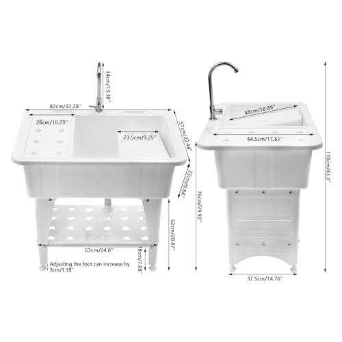 Laundry Sink, Freestanding Plastic Laundry Sink With Washboard Utility Sink Laundry Tub Indoor and Outdoor Utility Sink with Faucet Hoses Drain Kit for Laundry Room Washing Room Garden Garage - color: 32.28*22.44*29.92in -White