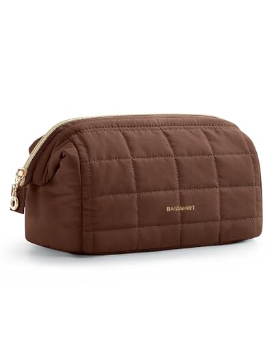 BAGSMART Makeup Bag Travel Toiletry Bag, Puffy Padded Make Up Bags for Women Makeup Organizer Case, Wide-open Pouch Purse Travel Essentials Toiletries Accessories Brushes, Chocolate - color: 12-Chocolate