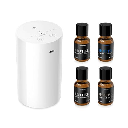 Airversa Waterless Essential Oil Diffuser Starter Kit with 4 x 10mL Hotel Scent Fragrance Oil, Battery Operated Mini Scent Air Machine Portable Diffuser for Home Car Office, AN8 Kit White - color: A White
