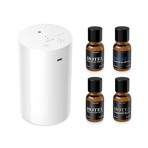 Airversa Waterless Essential Oil Diffuser Starter Kit with 4 x 10mL Hotel Scent Fragrance Oil, Battery Operated Mini Scent Air Machine Portable Diffuser for Home Car Office, AN8 Kit White - color: A White
