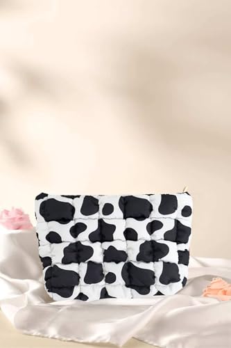 Puffy Quilted Makeup Bag, Cosmetic Bag, Travel Toiletry Organizer Pouch, Clutch for Women (Cow Print) - color: Cow Print