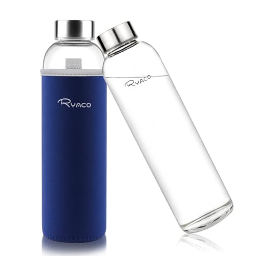 Ryaco Borosilicate Glass Water Bottle 33oz/1L/1000ml BPA-Free Leak Proof Ideal for School Home Office Travel Sport Yoga Gym Hot Cold Drinks with Portable Neoprene Carrying Sleeve and Sponge Brush - color: Sapphire