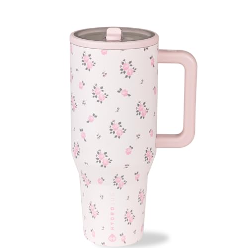HydroJug Traveler - 32 oz Water Bottle with Handle & Flip Straw - Fits in Cup Holder, Leak Resistant Tumbler-Reusable Insulated Stainless Steel & Rubber Base - Gifts for Women & Men, Wildrose - color: Wildrose, size: 32oz