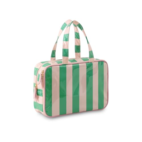 Travel Toiletry Bag for Women, Waterproof Clear Coated Portable Stripe Makeup Cosmetic Bag with Compartment, Travel Organizer for Shampoo, Conditioner, Brushes Set,Cosmetic Accessories(Pink-Green) - color: Green-Pink