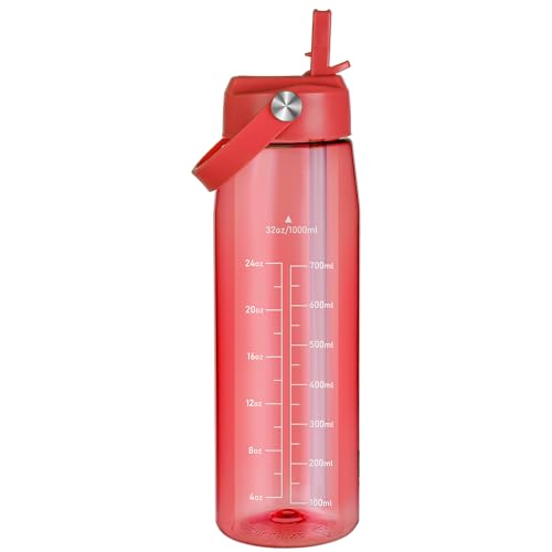 OLDLEY 32 oz Water Bottle with Straw, Leakproof Sports Water Bottle with Carry Strap, BPA-Free Large Water Bottles for Home,Travel, School, Outdoors, Gym, Tritan,Red - color: Red