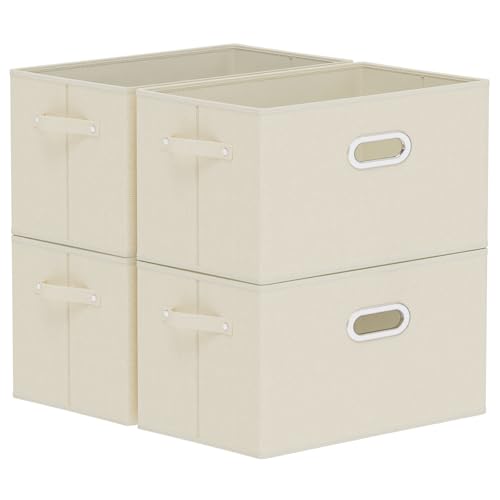 Foldable Cloth Basket with 4 Handles, Decorative Open Storage Boxes, Stackable Cube Organization, Fabric Bins for Shelves, Closet, Living Room, 15x9.8x9.8in, Beige, 4 Pack - color: Beige, size: 15x9.8x9.8 in(4 Pack)