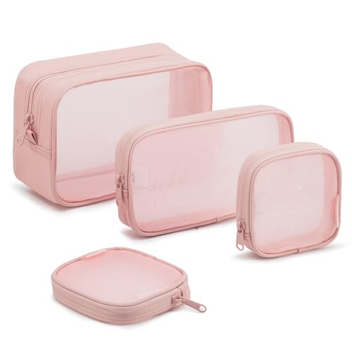 NOL Natural Organic Lifestyle Makeup Bag 4 PCS Set, Mesh Cosmetic Bag with Smooth Zipper, Clear Travel Toiletry Bag, Portable Makeup Organizer Pouch, Pink See Through Case for Skincare Brushes - color: Pink