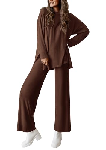 PRETTYGARDEN Women's Two Piece Lounge Sets Matching Long Sleeve Shirts Wide Leg Pants Tracksuits Travel Outfits Fall Clothes - color: Light Coffee, size: Small