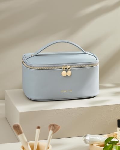 Prite Makeup Bag, Large Capacity Cosmetic Bag for Women and Girls, Waterproof PU Leather Travel Makeup Case, Toiletry Organizer with Handle and Divider for Skincare and Brushes - Blue - color: Blue